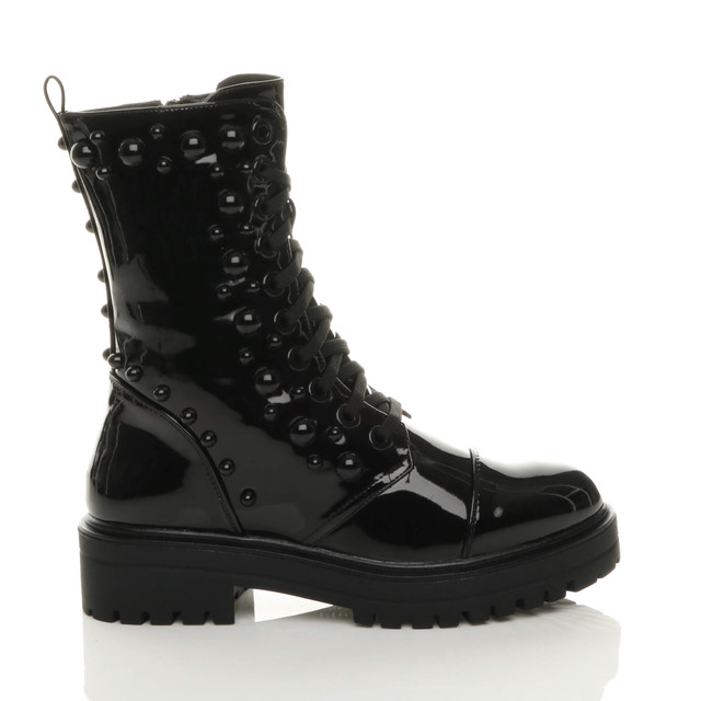 Right side view of Black Patent Mid Block Heel Punk Goth Studded Military Combat Ankle Boots