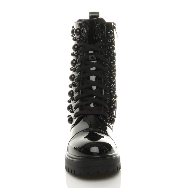 Front view of Black Patent Mid Block Heel Punk Goth Studded Military Combat Ankle Boots
