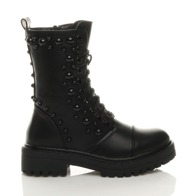 Womens Mid Block Heel Punk Goth Studded Military Combat Ankle