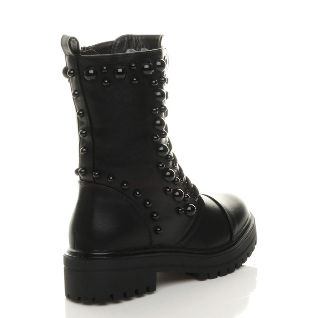 Back right side view of Black PU Mid Block Heel Punk Goth Studded Military Combat Ankle Boots