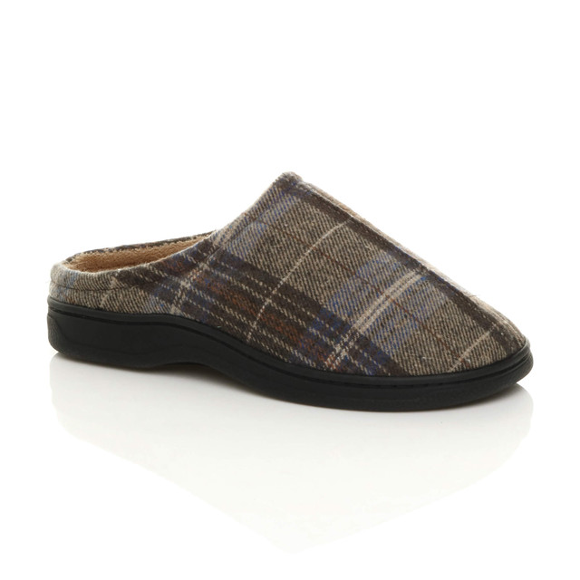 Front right side view of Brown Check Fur Lined Winter Slip On Memory Foam Slippers Mukes Indoor Shoes