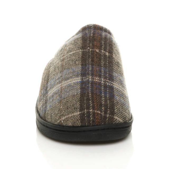 Front view of Brown Check Fur Lined Winter Slip On Memory Foam Slippers Mukes Indoor Shoes