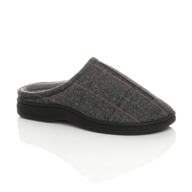 Front right side view of Grey Check Fur Lined Winter Slip On Memory Foam Slippers Mukes Indoor Shoes
