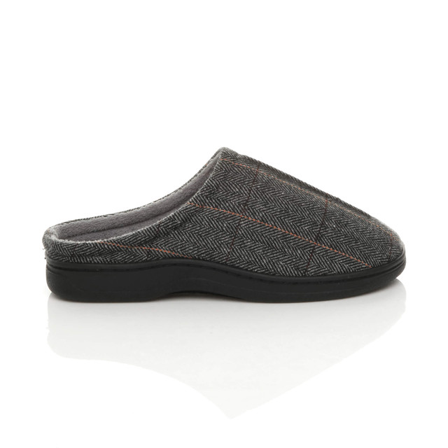 Right side view of Grey Check Fur Lined Winter Slip On Memory Foam Slippers Mukes Indoor Shoes
