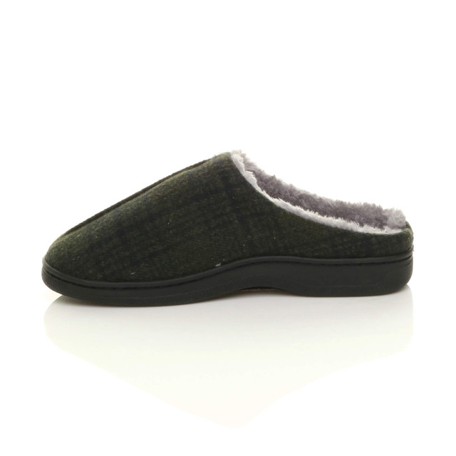 Left side view of Khaki Check Fur Lined Winter Slip On Memory Foam Slippers Mukes Indoor Shoes