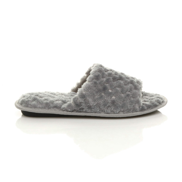 Right side view of Grey Fur Memory Foam Fluffy Quilted Fur Lined Grip Sole Peep Toe Mule Slippers Sandals