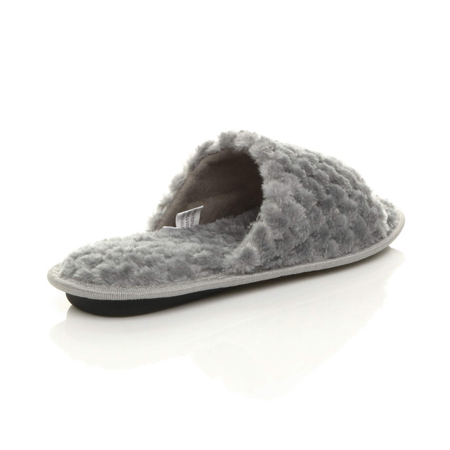 Back right side view of Grey Fur Memory Foam Fluffy Quilted Fur Lined Grip Sole Peep Toe Mule Slippers Sandals