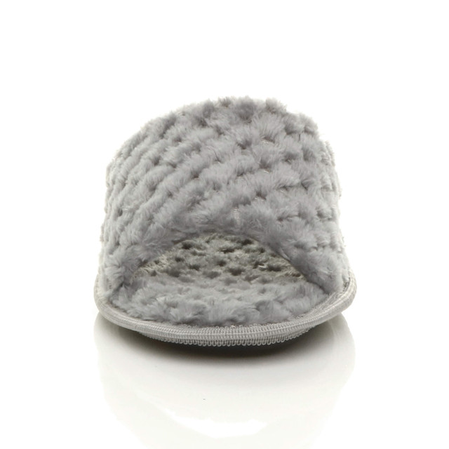 Front view of Grey Fur Memory Foam Fluffy Quilted Fur Lined Grip Sole Peep Toe Mule Slippers Sandals