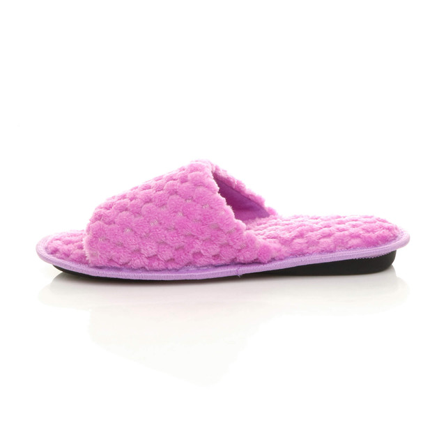 Left side view of Lilac Fur Memory Foam Fluffy Quilted Fur Lined Grip Sole Peep Toe Mule Slippers Sandals