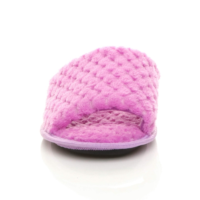 Front view of Lilac Fur Memory Foam Fluffy Quilted Fur Lined Grip Sole Peep Toe Mule Slippers Sandals