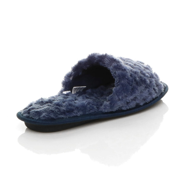 Back right side view of Navy Fur Memory Foam Fluffy Quilted Fur Lined Grip Sole Peep Toe Mule Slippers Sandals