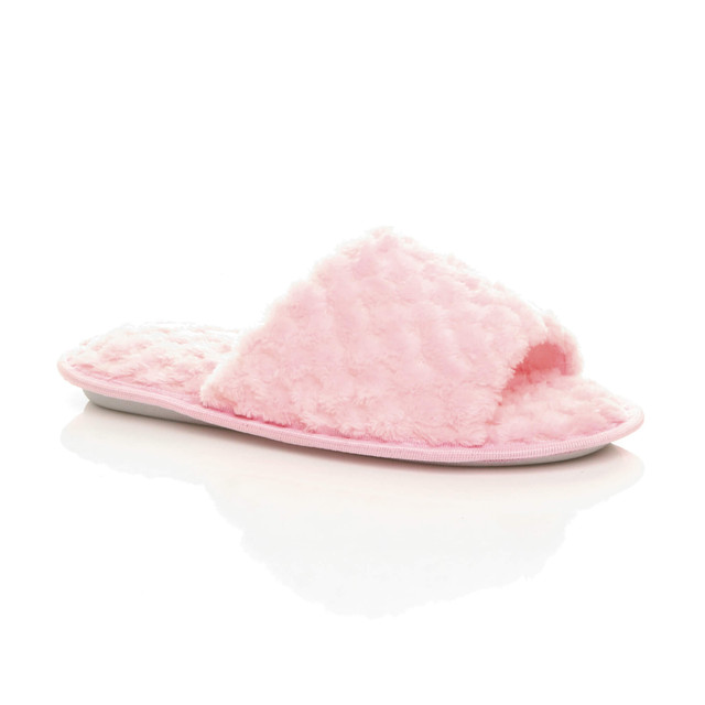 Front right side view of Pink Fur Memory Foam Fluffy Quilted Fur Lined Grip Sole Peep Toe Mule Slippers Sandals