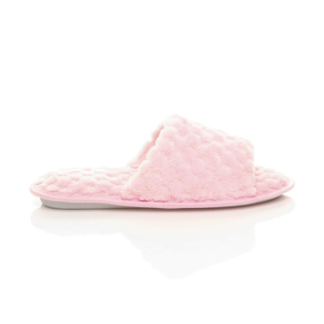 Right side view of Pink Fur Memory Foam Fluffy Quilted Fur Lined Grip Sole Peep Toe Mule Slippers Sandals
