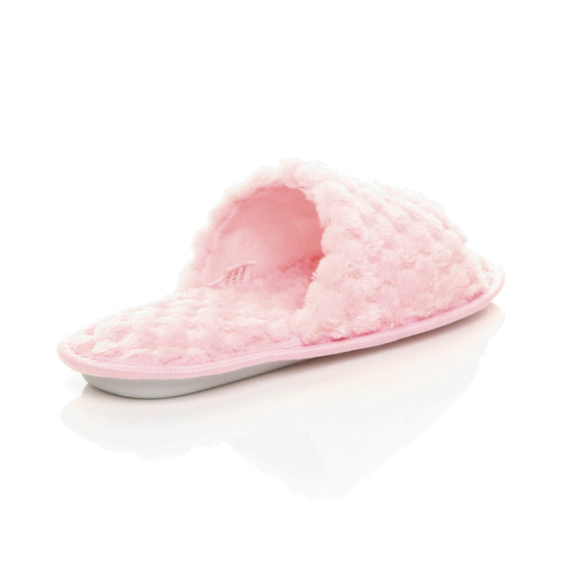Back right side view of Pink Fur Memory Foam Fluffy Quilted Fur Lined Grip Sole Peep Toe Mule Slippers Sandals