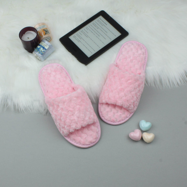 Pink Fur Memory Foam Fluffy Quilted Fur Lined Grip Sole Peep Toe Mule Slippers Sandals
