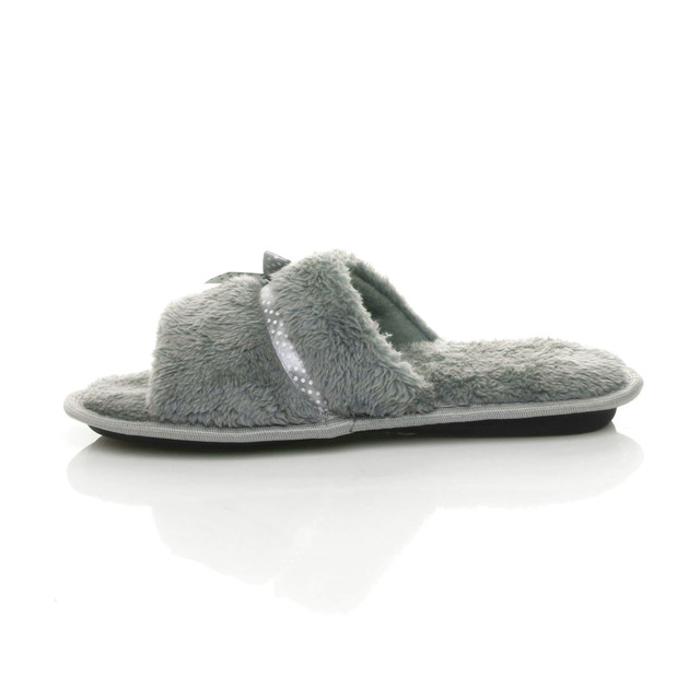 Left side view of Grey Fur Memory Foam Fluffy Bow Fur Lined Grip Sole Peep Toe Mule Slippers Sandals