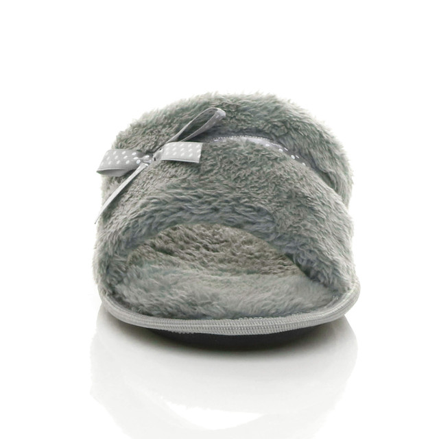Front view of Grey Fur Memory Foam Fluffy Bow Fur Lined Grip Sole Peep Toe Mule Slippers Sandals