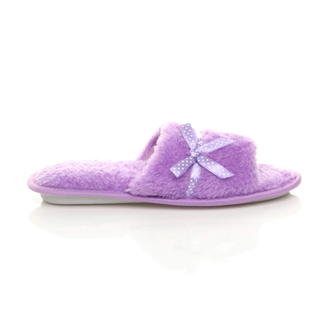 Right side view of Lilac Fur Memory Foam Fluffy Bow Fur Lined Grip Sole Peep Toe Mule Slippers Sandals