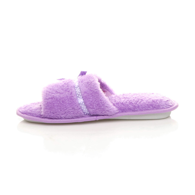 Left side view of Lilac Fur Memory Foam Fluffy Bow Fur Lined Grip Sole Peep Toe Mule Slippers Sandals