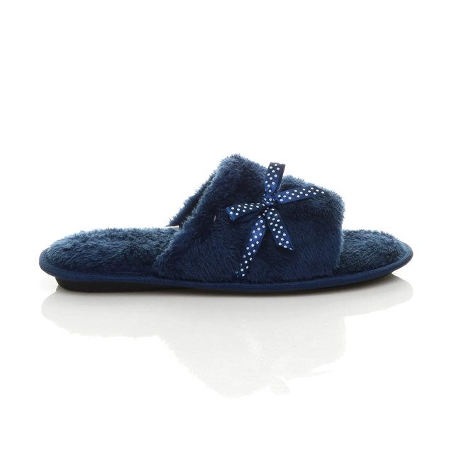 Right side view of Navy Fur Memory Foam Fluffy Bow Fur Lined Grip Sole Peep Toe Mule Slippers Sandals