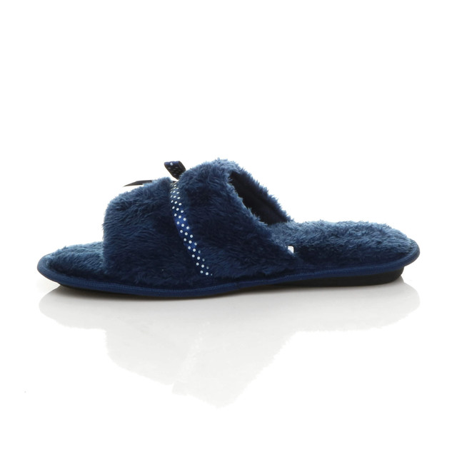 Left side view of Navy Fur Memory Foam Fluffy Bow Fur Lined Grip Sole Peep Toe Mule Slippers Sandals