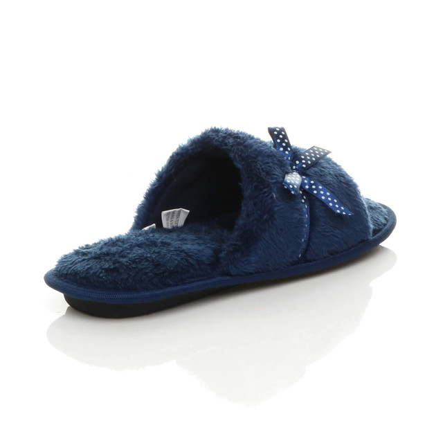 Back right side view of Navy Fur Memory Foam Fluffy Bow Fur Lined Grip Sole Peep Toe Mule Slippers Sandals