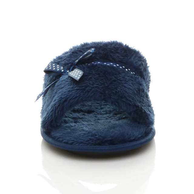 Front view of Navy Fur Memory Foam Fluffy Bow Fur Lined Grip Sole Peep Toe Mule Slippers Sandals
