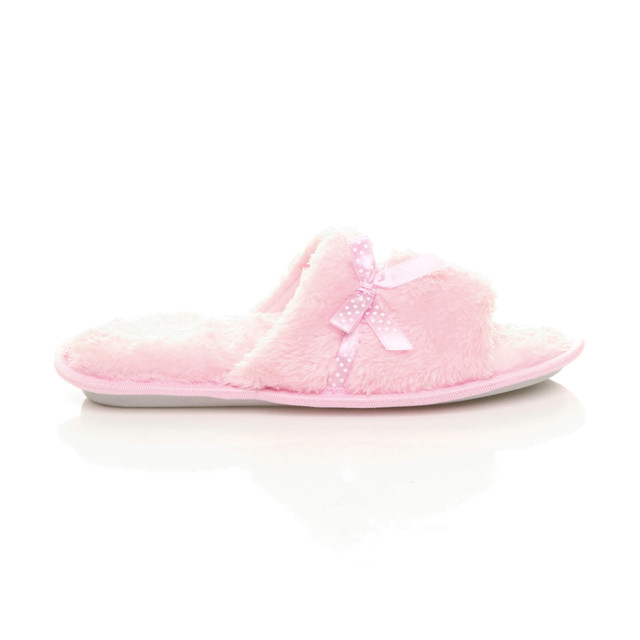 Right side view of Pink Fur Memory Foam Fluffy Bow Fur Lined Grip Sole Peep Toe Mule Slippers Sandals