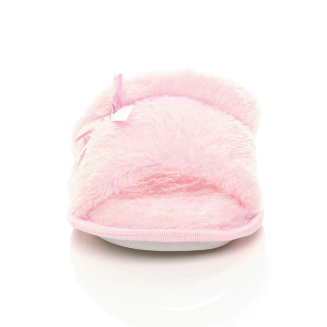 Front view of Pink Fur Memory Foam Fluffy Bow Fur Lined Grip Sole Peep Toe Mule Slippers Sandals