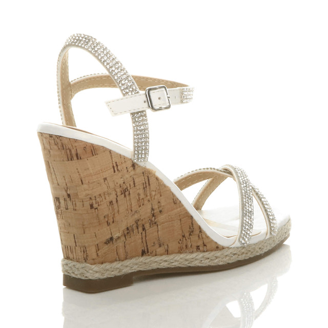 Back right side view of White Suede High Wedge Cork Effect Heel Diamante Strappy Sandals