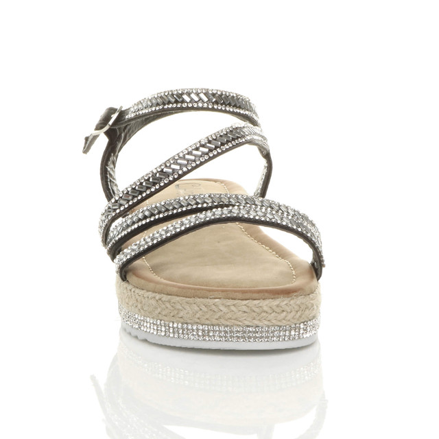 Womens Flatform Diamante Trim Crossed Straps Platform Espadrille