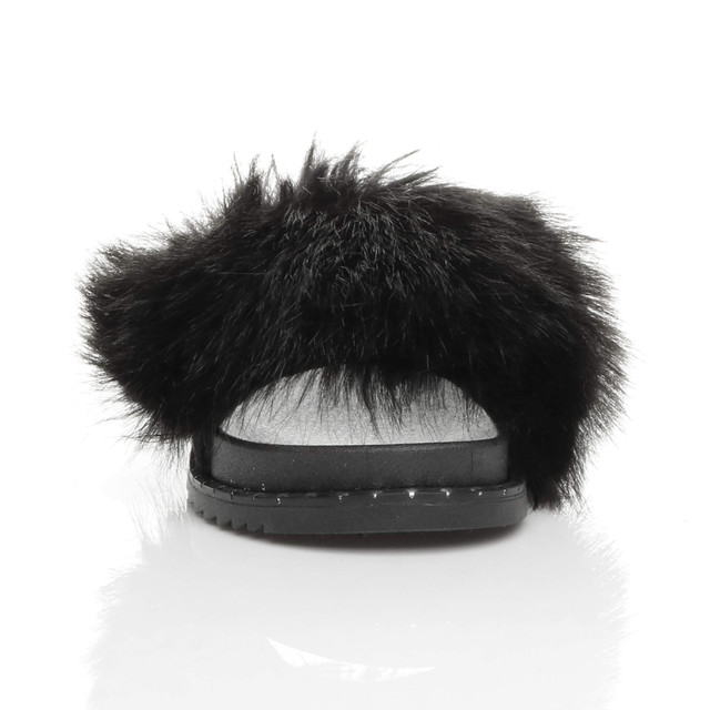 Womens Flatform Studded Fluffy Faux Fur Sliders Sandals