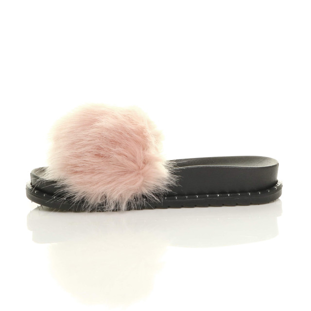 Left side view of Pink Fur Flatform Studded Fluffy Faux Fur Sliders Sandals
