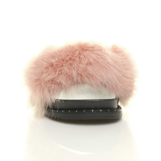 Front view of Pink Fur Flatform Studded Fluffy Faux Fur Sliders Sandals