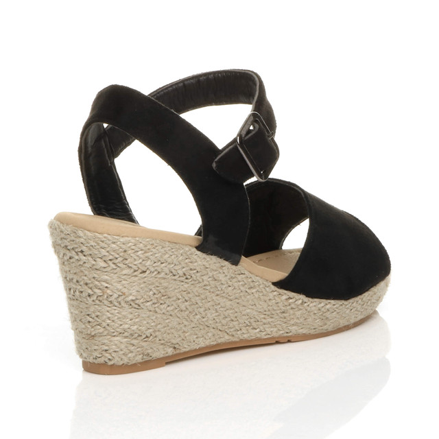 Back right side view of Black Suede Mid Wedge Heel Platform Espadrille Sandals