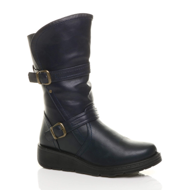 Front right side view of Navy PU Low Wedge Heel Biker Comfort Calf Boots