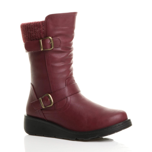 Front right side view of Burgundy PU Low Wedge Heel Biker Knitted Collar Comfort Calf Boots