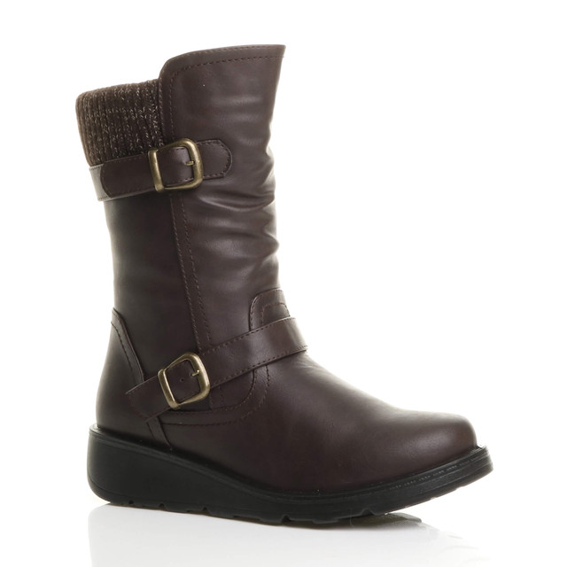 Front right side view of Brown PU Low Wedge Heel Biker Knitted Collar Comfort Calf Boots