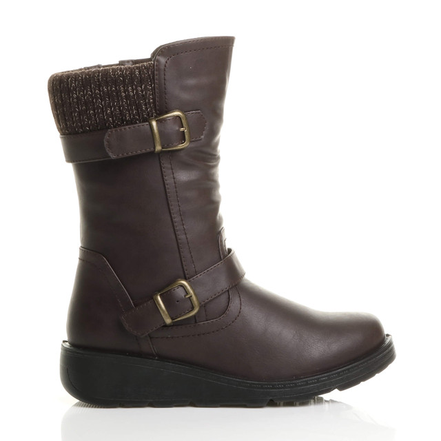 Right side view of Brown PU Low Wedge Heel Biker Knitted Collar Comfort Calf Boots