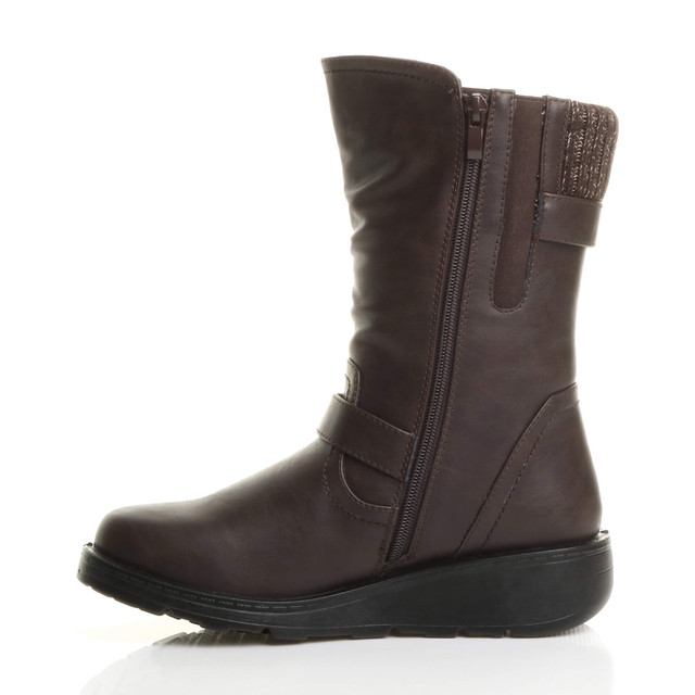 Left side view of Brown PU Low Wedge Heel Biker Knitted Collar Comfort Calf Boots