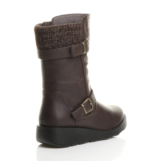 Back right side view of Brown PU Low Wedge Heel Biker Knitted Collar Comfort Calf Boots