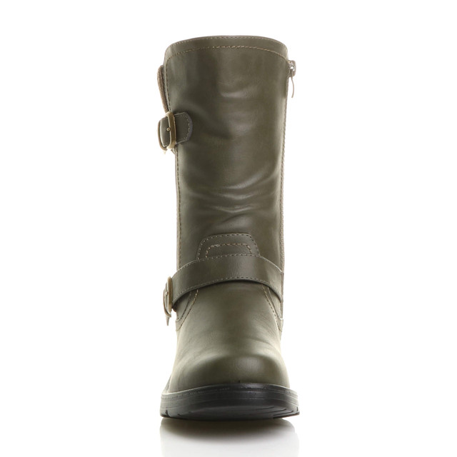 Front view of Khaki PU Low Wedge Heel Biker Knitted Collar Comfort Calf Boots