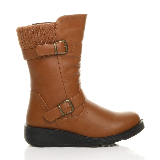Right side view of Tan PU Low Wedge Heel Biker Knitted Collar Comfort Calf Boots