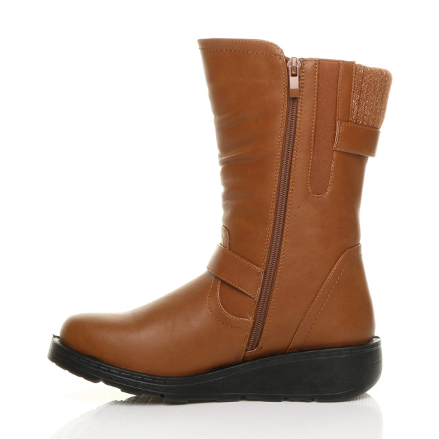 Left side view of Tan PU Low Wedge Heel Biker Knitted Collar Comfort Calf Boots