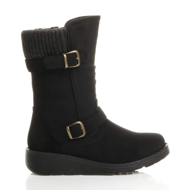 Right side view of Black Suede Low Wedge Heel Biker Knitted Collar Comfort Calf Boots