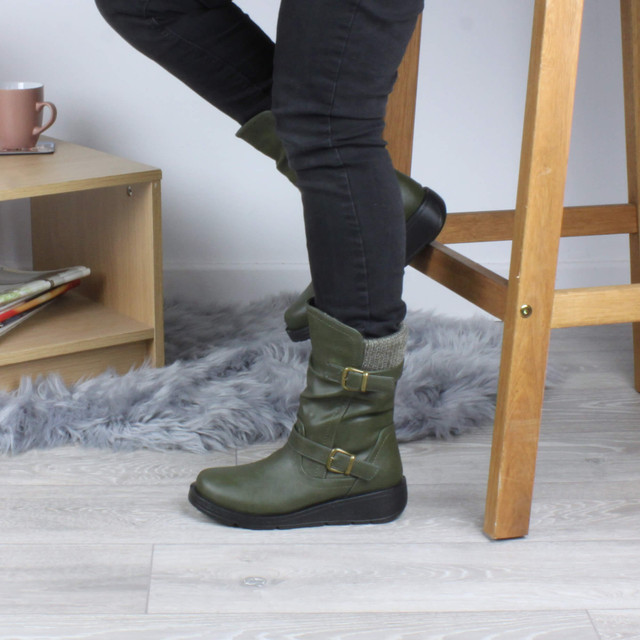 Model wearing Khaki PU Low Wedge Heel Biker Knitted Collar Comfort Calf Boots