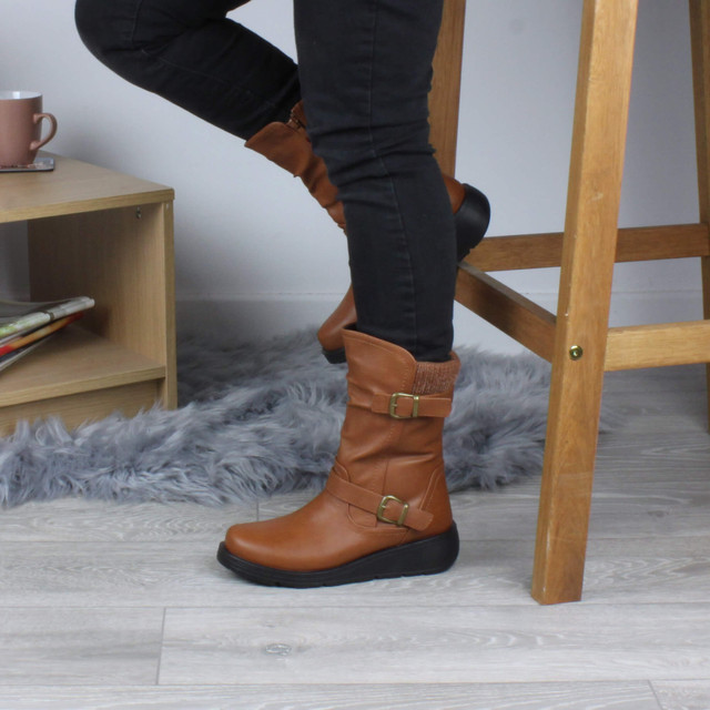 Model wearing Tan PU Low Wedge Heel Biker Knitted Collar Comfort Calf Boots