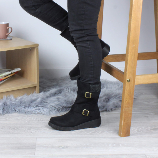 Model wearing Black Suede Low Wedge Heel Biker Knitted Collar Comfort Calf Boots