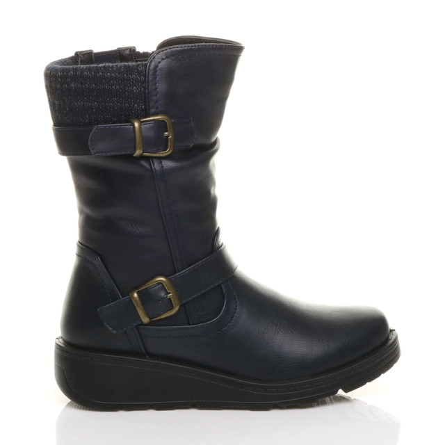 Right side view of Navy PU Low Wedge Heel Biker Knitted Collar Comfort Calf Boots
