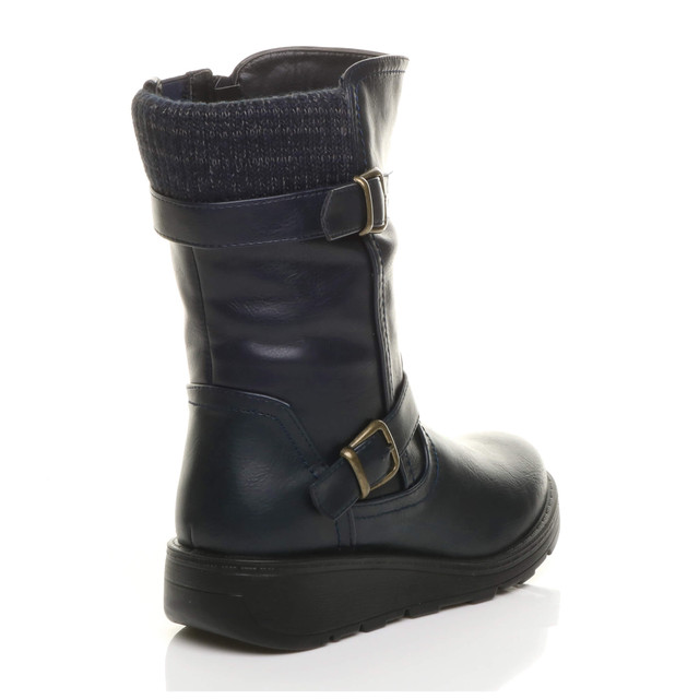 Back right side view of Navy PU Low Wedge Heel Biker Knitted Collar Comfort Calf Boots